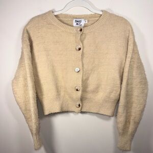 Princess Polly Cream Cropped Fuzzy Knit Button Cardigan Size M/L
